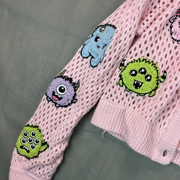 Hot topic Sweet Society Embroidered Fuzzy Monster Girl's Cardigan Set Size Large - Picture 7 of 14